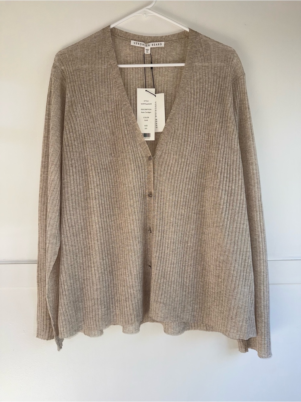 Veronica Beard Keke V-Neck Cardigan Gold Beige Size 3XL XXL Ribbed Knit NWT